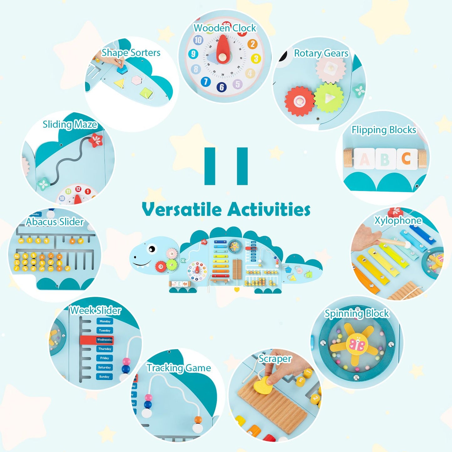 Dinosaur Montessori Wall Busy Board - Blue