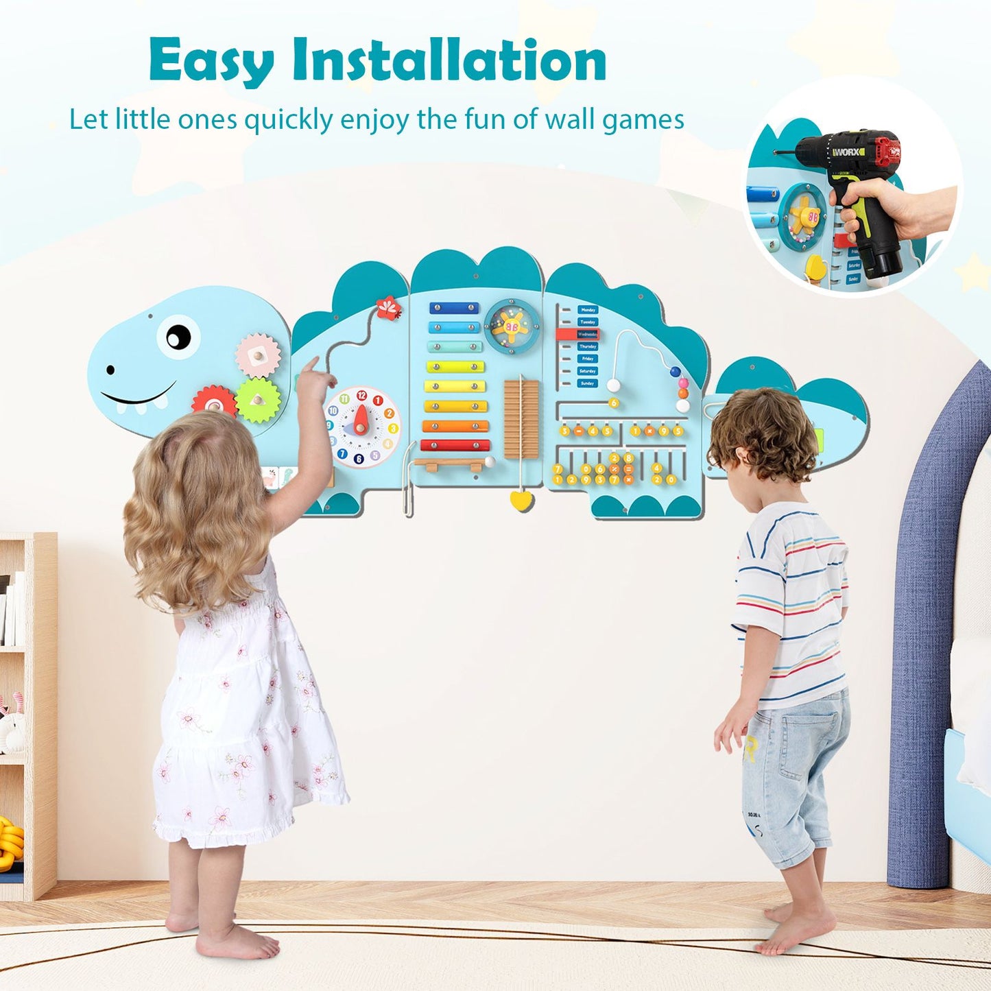 Dinosaur Montessori Wall Busy Board - Blue