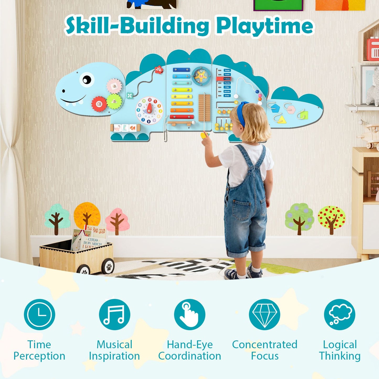 Dinosaur Montessori Wall Busy Board - Blue