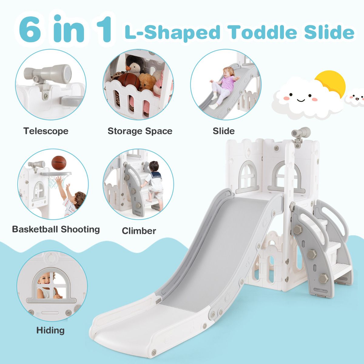 6‑in‑1 Toddler Slide with Basketball Hoop –
