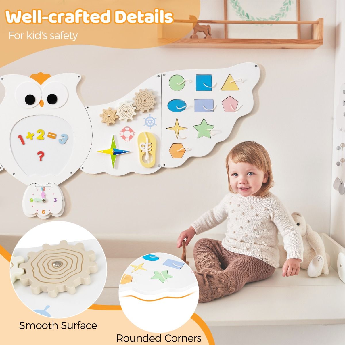 Owl Montessori Wall Busy Board – Sensory Soft Play Activity Wall for Kids