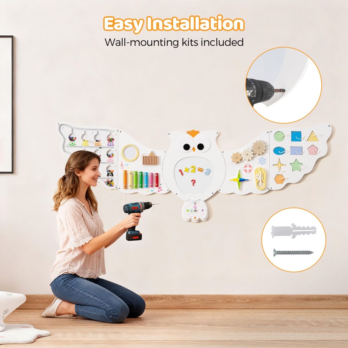 Owl Montessori Wall Busy Board – Sensory Soft Play Activity Wall for Kids