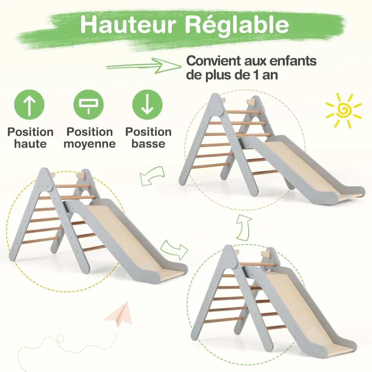 Wooden Triangle Climbing Frame with Slide – Grey