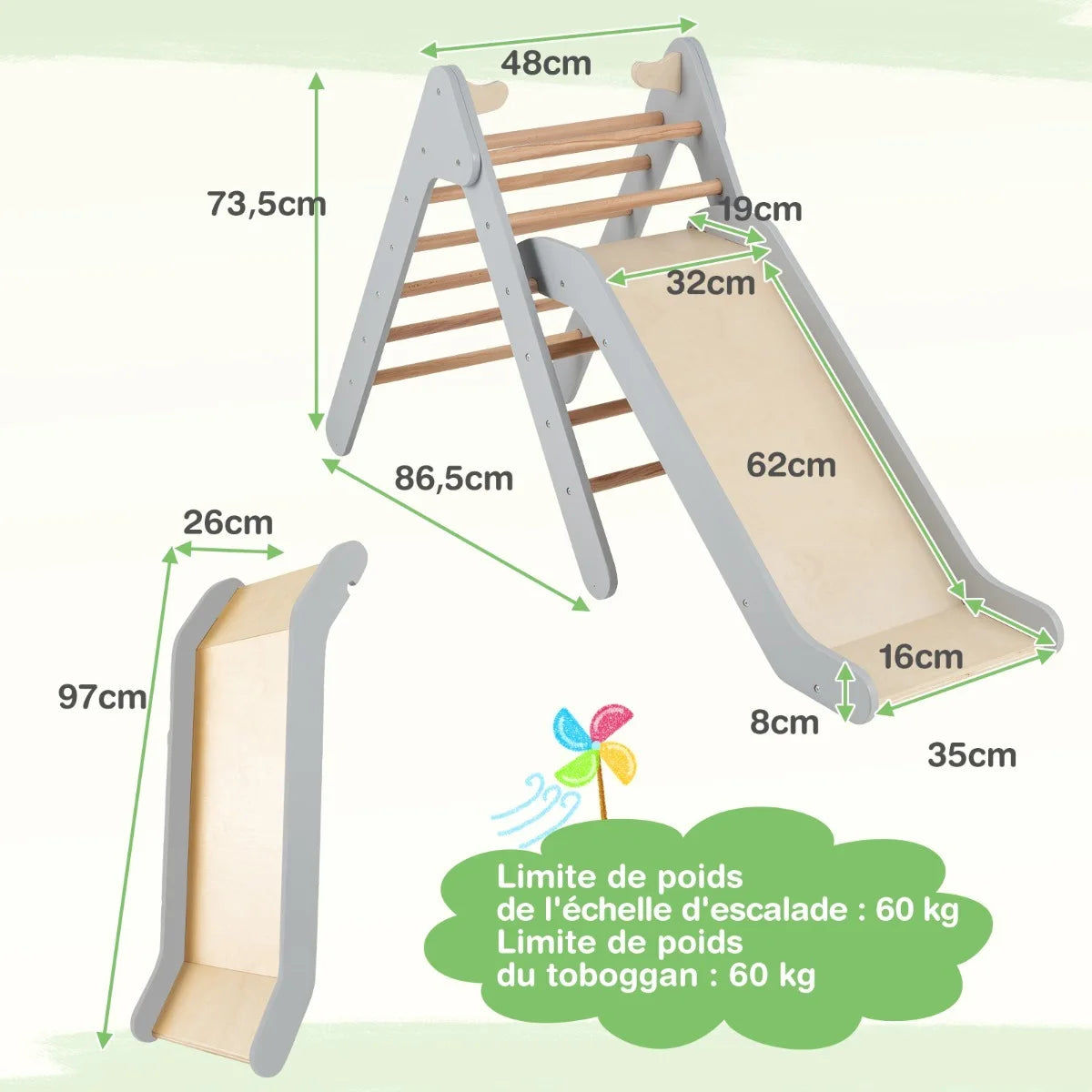Wooden Triangle Climbing Frame with Slide – Grey