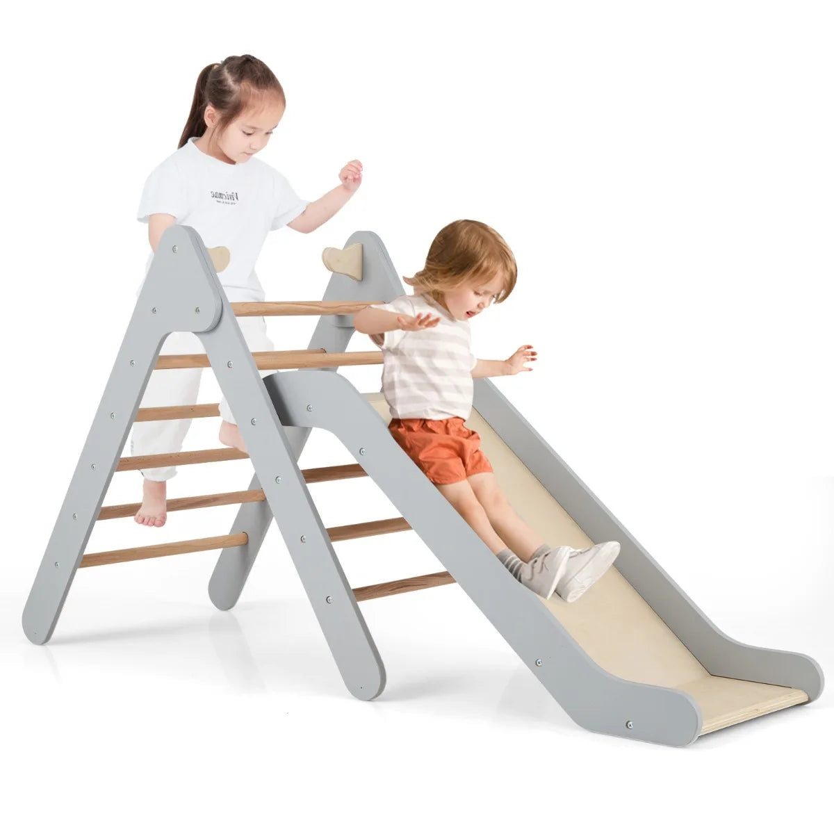 Wooden Triangle Climbing Frame with Slide – Grey