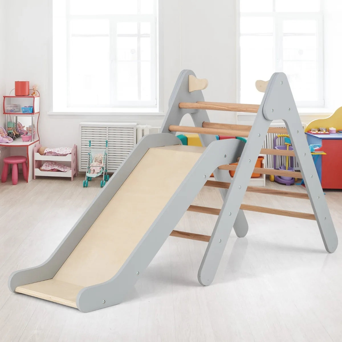 Wooden Triangle Climbing Frame with Slide – Grey
