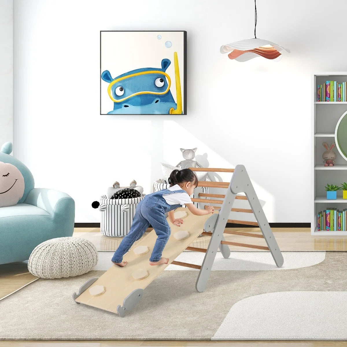 Wooden Triangle Climbing Set with Slide – Grey