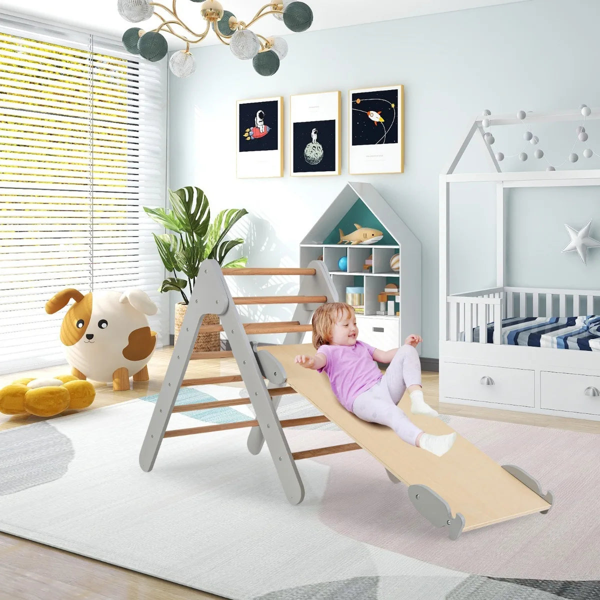 Wooden Triangle Climbing Set with Slide – Grey