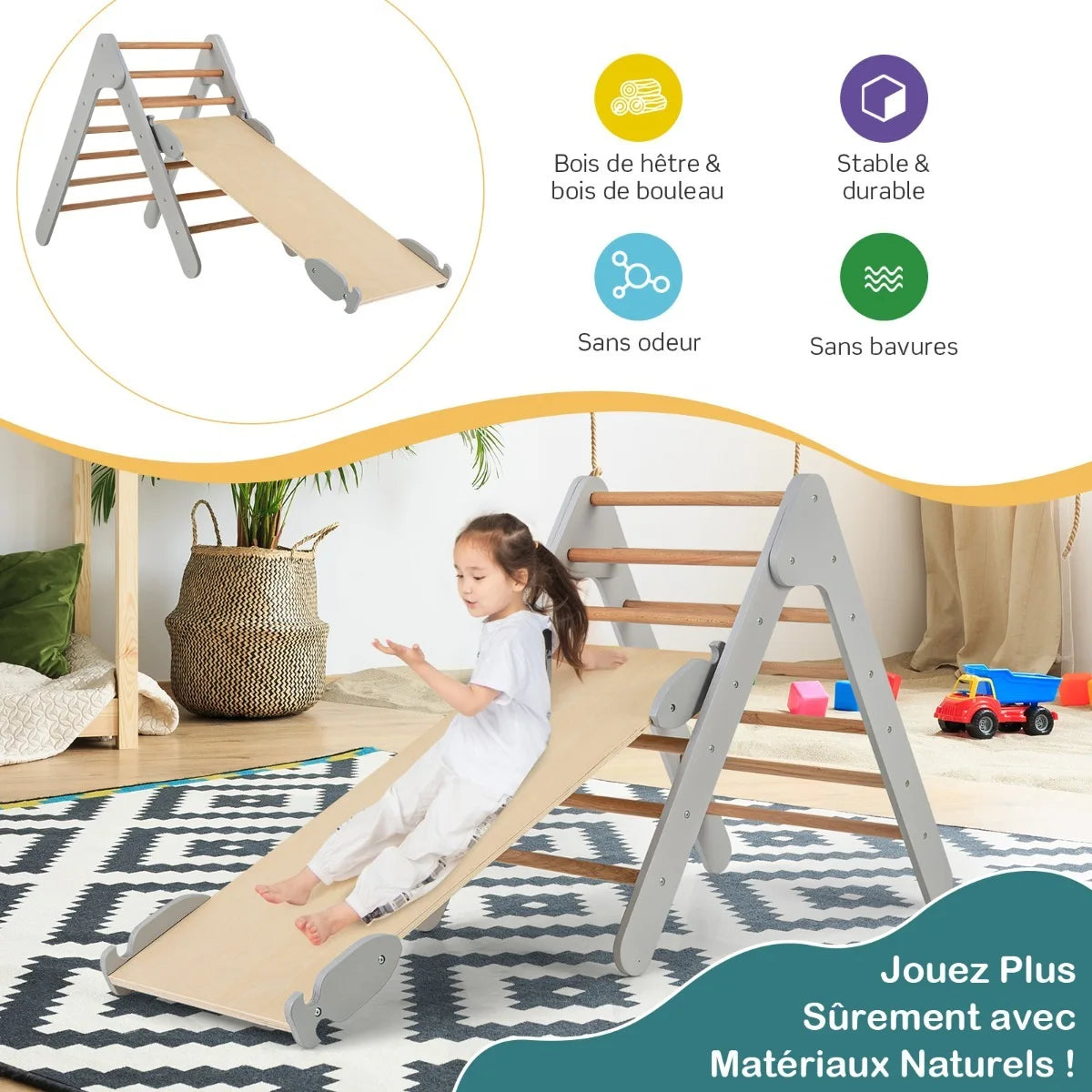 Wooden Triangle Climbing Set with Slide – Grey