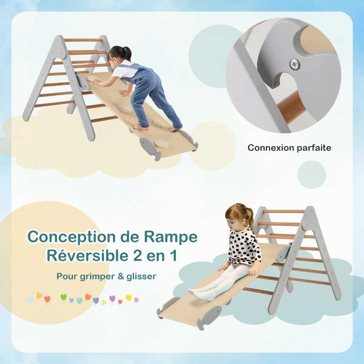 Wooden Triangle Climbing Set with Slide – Grey