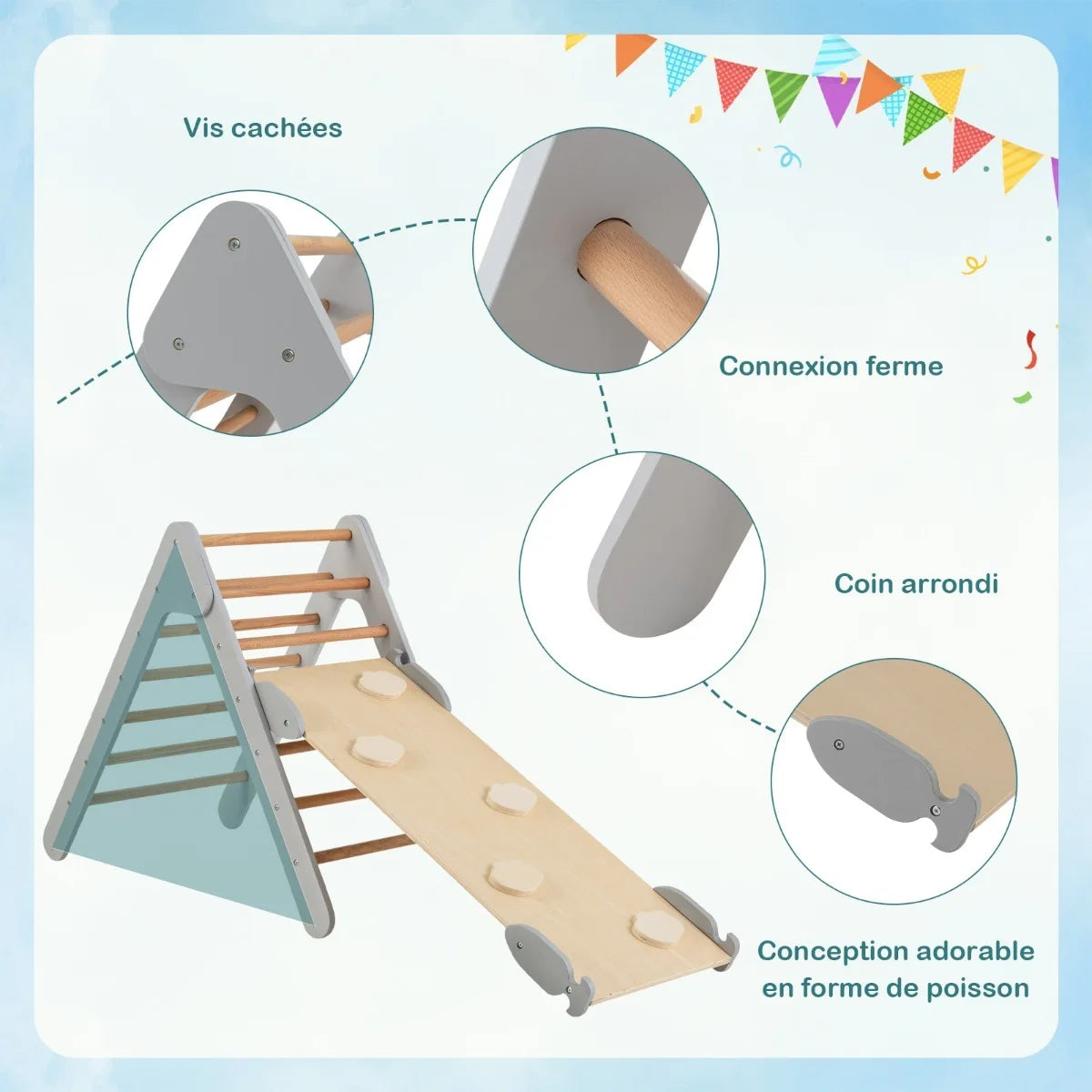 Wooden Triangle Climbing Set with Slide – Grey
